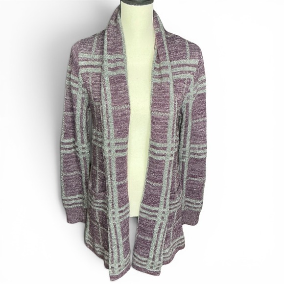 Simply Styled Sweaters - Simply Styled Purple Plaid Cardigan Women Small Metallic Open Front Knit Sweater